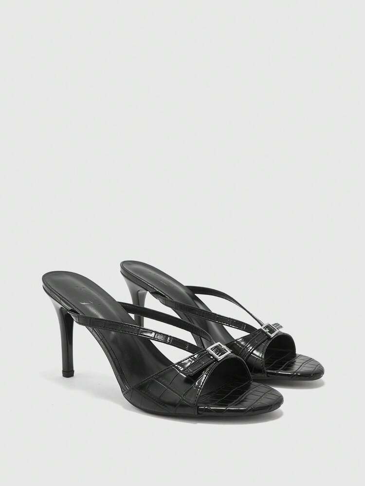 CUCCOO BIZCHIC Sandalias de tacón alto para mujer, de tacón fino y punta redonda, de color negro con relieve, de uso versátil para diario, trabajo, fiesta y eventos elegantes