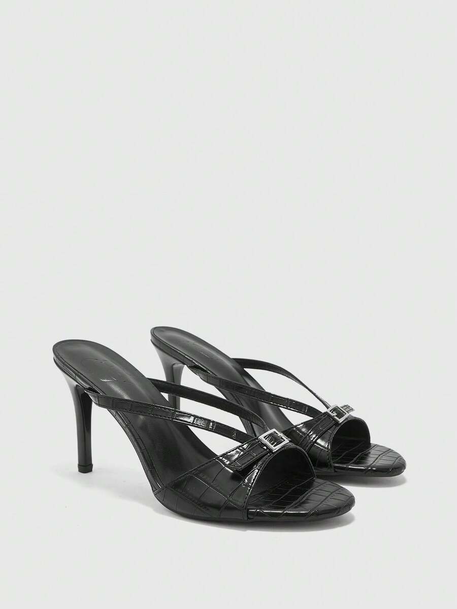 CUCCOO BIZCHIC 女士夏季新款圆头细跟高跟黑色压纹简约女式高跟凉鞋日常百搭通勤时尚优雅派对宴会高跟凉鞋 - 黑色 - 查看 1