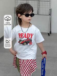 DAZY Camiseta de manga corta de cuello redondo con estampado de letras y coches de carreras casual para niño, verano - Blanco - Ver 1