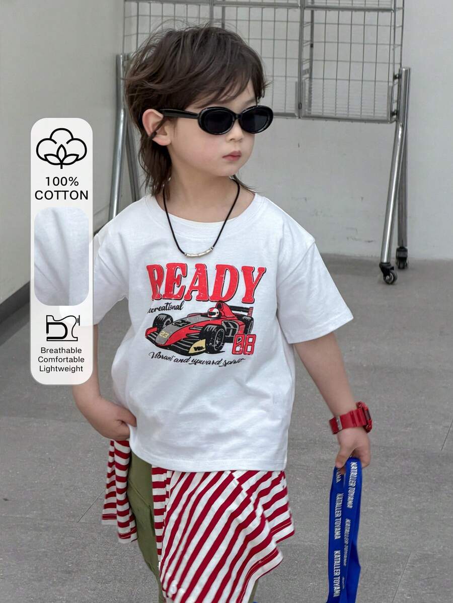 DAZY Camiseta de manga corta de cuello redondo con estampado de letras y coches de carreras casual para niño, verano - Blanco - Ver 1