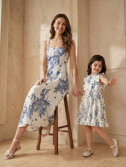 SHEIN 女童数码印花雪纺质感面料连衣裙，褶皱荷叶边下摆，适合日常穿着、生日、派对和各种活动，春夏皆宜