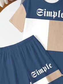 Tween Boy Casual Minimalist Short Sleeve Crew Neck T-Shirt & Shorts Set, Suitable For Summer, Classic Cool Color Block Patchwork Graphic Text Print - Multicolor - View 5