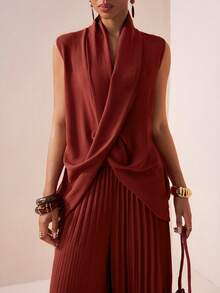Zivah New Spring/Summer Commute Elegant Vacation Loose Brick Red Sleeveless V-Neck Crossover Top + Pleated Wide-Long Pant Women Two Pieces Set,Suitable For Valentine's Day , Dates, Party, Gatherings, Holidays, Western Style,Vacation,Nomadic Style, Beach, Seaside,Concerts, Everyday Outings, New Year's, Revelry, Brunch Outfits, Wedding Guest Outfits, Wedding Season,Casual-Z - Rust Brown - View 3