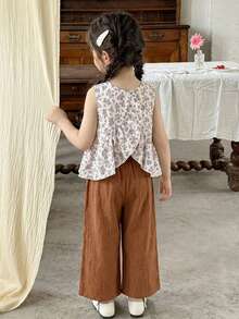 LMoss Kids Set de 2 piezas de top de cuello redondo holgado y pantalones con estampado floral pequeño para niña, para verano - Multicolor - Ver 3