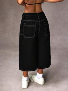 SHEIN Tall 女士高腰口袋宽松休闲阔腿七分牛仔裤 - 黑色 - 查看 2