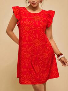 Travachic Plus Size Women's Red Abstract Line Print Dress, Round Neck Abstract Sun Pattern Loose Short Dress - Red - View 6