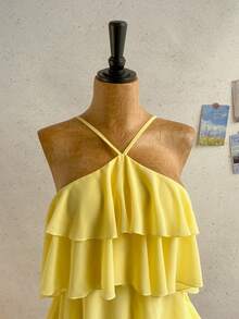 Soleia 新款优雅浪漫婚礼宾客纯色露背多层荷叶边雪纺迷你连衣裙，适合波西米亚风、浪漫花卉主题、度假、花卉派对、约会、情人节、复活节、狂欢节、下午茶、海滩、邮轮、城市度假等场合。 - 黃色 - 查看 3