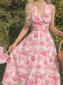 SHEIN MOD 女士时尚印花露背系带中长连衣裙 - 粉色 - 查看 3