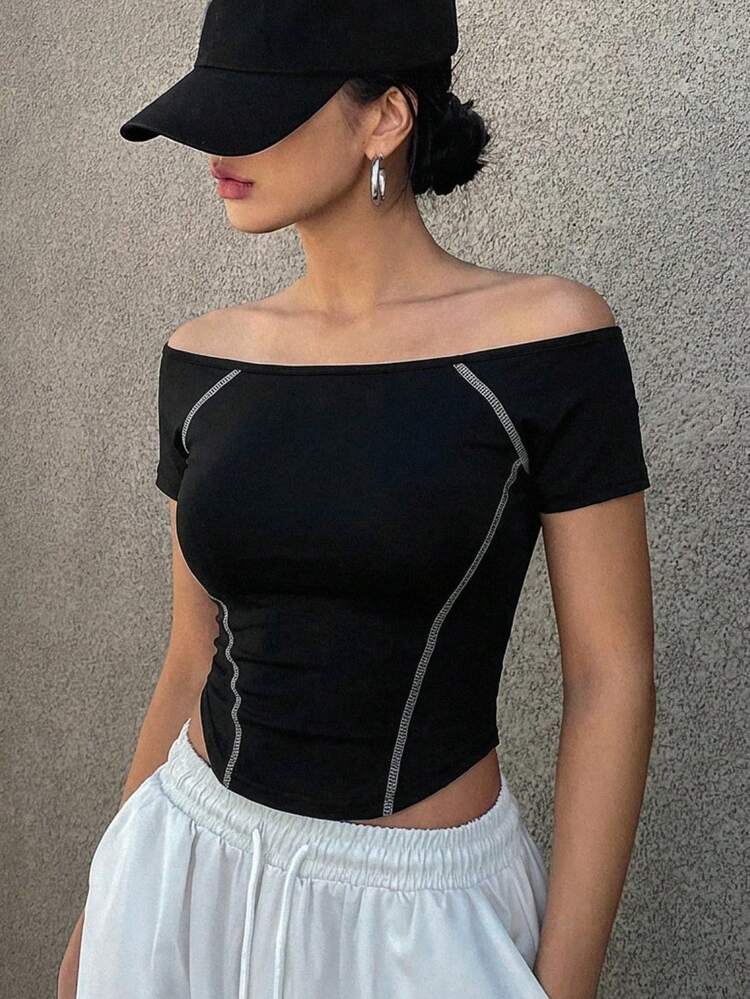 Women's Half-Zip Mandarin Collar Short Sleeve Fitted Cropped Casual Sports Tee Summer Off The Shoulder