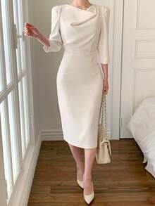 DAZY 女士优雅收腰中长连衣裙 - 杏色 - 查看 7