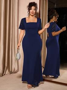 Cravure Plus Size Women's Solid Color Square Neck Contrast Lace Short Sleeve Fitted Elegant Dress - Navy Blue - View 5