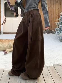 DAZY 少女休闲百搭口袋纽扣喇叭裤，适合日常穿着 - 棕色 - 查看 6