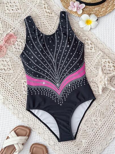 SHEIN Tween Girls' Vacation Beach Rhinestone Print One-Piece Swimsuit