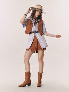 Styleloop Women's Dark Punk Gothic Boots, White Embroidered Western Leather Pointed Toe Chunky Heel V-Cut Riding Mid-Calf Boots,Coachella Festival Wear - Brown - View 8