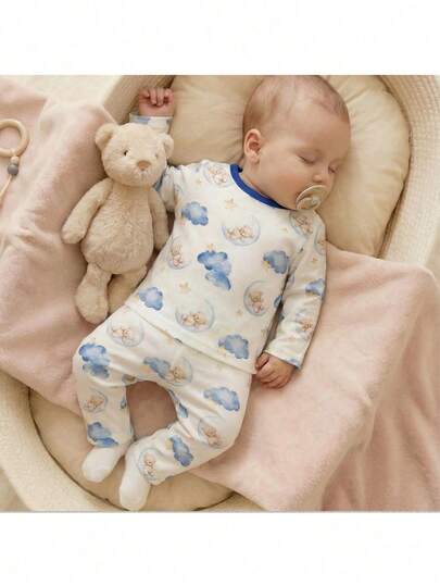 Loomiva Newborn Baby Boy/Girl Cartoon Bear, Moon & Cloud Pattern Knit Soft Crew Neck Long Sleeve Top And Elastic Waist Pants 2-Piece Set