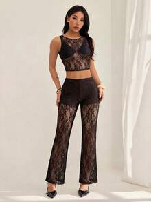 SHEIN PETITE Bộ đồ nữ 2 món gồm áo croptop cổ tròn ren hoa và quần ống loe. - màu nâu - Xem 6
