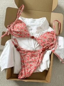 Swim Mod Conjunto de bikini de tirantes finos con estampado aleatorio y cuentas para mujer, primavera/verano - Multicolor - Ver 2