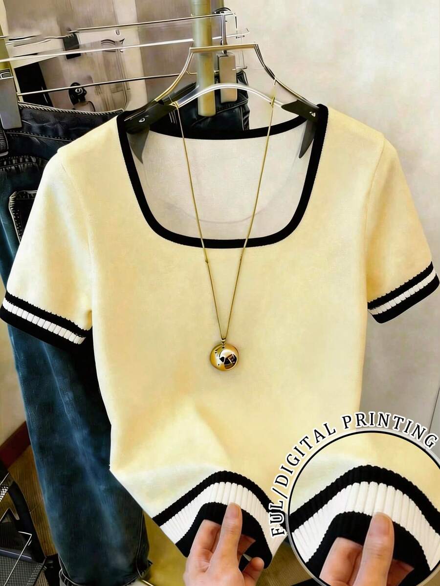 Resyla Women's Striped Square Neck Short Sleeve Casual Versatile T-Shirt - Yellow - View 1