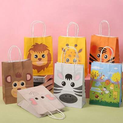 卡通动物牛皮纸袋，带提手，大象、猴子、狮子、长颈鹿图案礼品袋，派对主题礼品包装袋，零售店包装袋，老虎印花礼品袋，糖果饼干礼品纸袋，适用于婚礼装饰、礼品包装、派对用品、购物袋、可重复使用的派对袋、生日派对礼品袋、情人节手工手提袋、派对礼品。