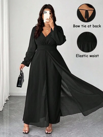 SHEIN Elenzya Plus Size Elegant V-Neck Ruffle Waist Pearl Chiffon Wide Leg Jumpsuit, Suitable For Wedding Guests, Elegant Burgundy Ladies Jumpsuit, Long Sleeve Cinched Waist Slimming Vintage Romantic Jumpsuit