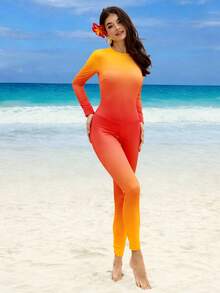 Swim Shayni Orange Ombre Print Long Sleeve Bodysuit & Lily Flower Print Mesh Side Tie Skirt 2-Piece Swimsuit Set, Young Style For Women, Spring/Summer - Multicolor - View 5