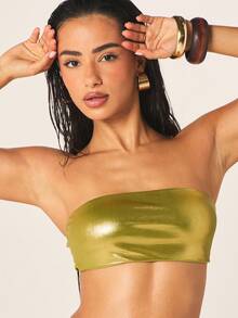 MISSGUIDED Metallic Strapless Bandeau Crop Top Women Party Club Summer Festival Tube Top - Yellow - View 3