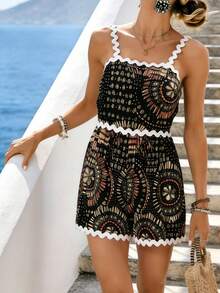 SHEIN Holidaya Women's All-Over Print Strap Jumpsuit - Black - View 1