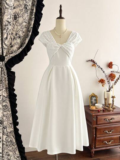 Vintamour Vintage Classic Elegant Women's Dress, Spring/Summer Fitted Twist Knot Dress, Patchwork Dress, Wide Strap Camisole Dress, White Flared Dress