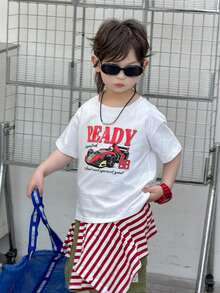 DAZY Camiseta de manga corta de cuello redondo con estampado de letras y coches de carreras casual para niño, verano - Blanco - Ver 5