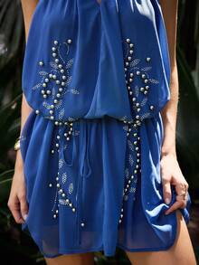 Maija Women Boho French Casual Elegant Dusty Blue Halter Sleeveless Mini Dress With Studded Plant Pattern A Line Flared Hem Woven Fabric Going Out Party - Dusty Blue - View 5