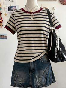 Lalippa Women's Striped Print Round Neck Casual Versatile Short Sleeve Top - Multicolor - View 1