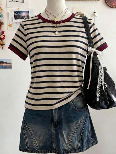 Lalippa Women's Striped Print Round Neck Casual Versatile Short Sleeve Top