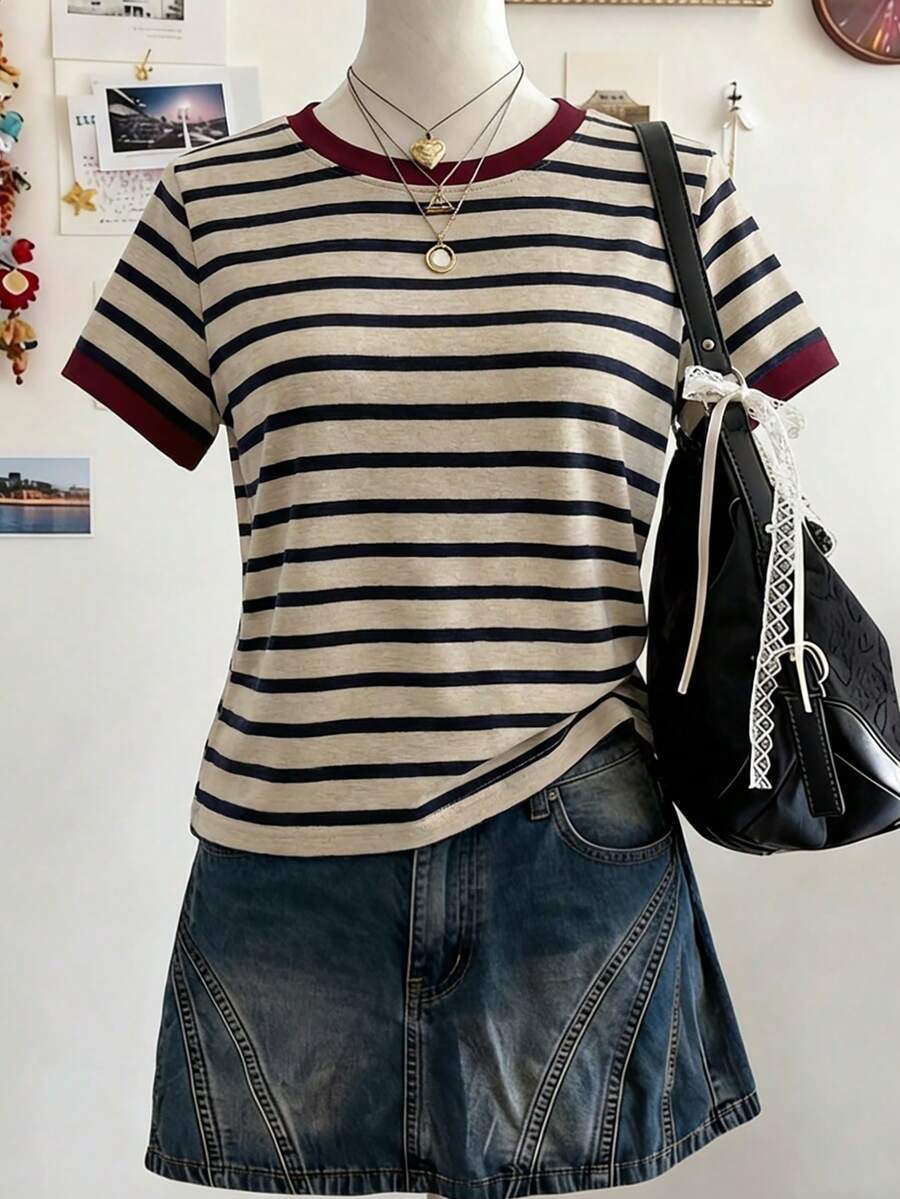 Lalippa Women's Striped Print Round Neck Casual Versatile Short Sleeve Top - Multicolor - View 1