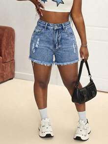 Slaydiva 女士高腰带口袋破洞毛边休闲百搭牛仔短裤 - 藍色 - 查看 3