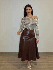 MDEdit Women's Contrast Stripe Oblique Shoulder Long Sleeve T-Shirt,Autumn Women's Clothing, Winter Women's Clothing, Apricot Striped Women's Tops, Going Out Tops, Striped Off-The-Shoulder Tops, Women's Casual Tops, Long-Sleeved T-Shirts, - Multicolor - View 3