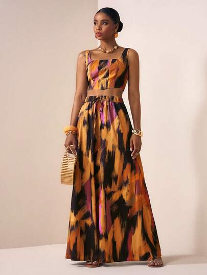 Zivah 2026 Vår/Sommar Ny Musik Festival Påsk Västlig Bohemisk Nashville Fest Bröllop Cocktail Födelsedag Casual Dagligen Semester Kryssning Strand Solbad Elegant Pendling Business Casual Spaghettiband Oregelbunden fåll Beskuren topp + Vida byxor Set, Riktiga fickor, Tie-Dye Tie-Dye-tryck, Färgglad 2-delad outfit