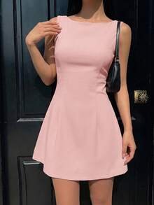 CovetEZ Women's Summer Solid Color Zipper Front Casual Versatile Dress, Watermelon Pink Dress, Women's Summer Dress, Tea Party Dress, Pink Graduation Dress, Business Casual Outfit - Watermelon Pink - View 3