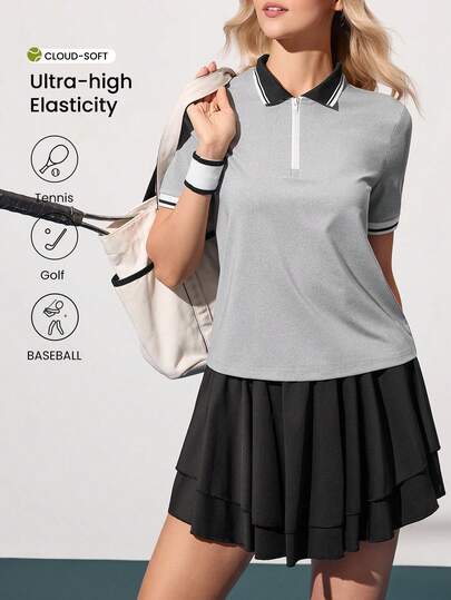 CourtClass Women's Color Block Striped Print Half Zip Short Sleeve Tennis Top Golf Tops For Woman Athletic Skirt Tennis Golf