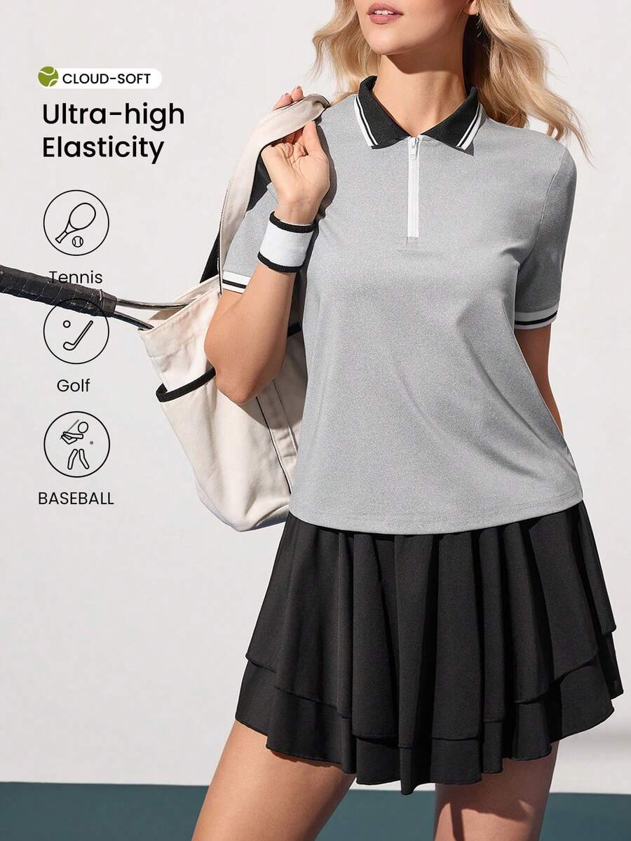 Gameset SHEIN Sport 女士撞色条纹印花半拉链短袖网球上衣 - 灰色 - 查看 1