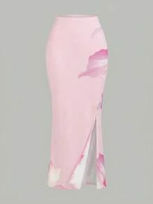 Teen Girl Floral Print Asymmetric Ruched Fitted Mini Skirt 2-Piece Set, Casual Summer/Vacation Outfit - Multicolor - View 5