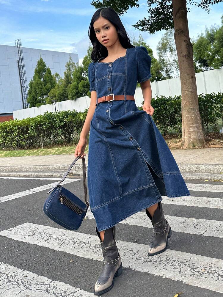Teen Girl Sweetheart Neck Button Front Casual Short Sleeve Denim Dress