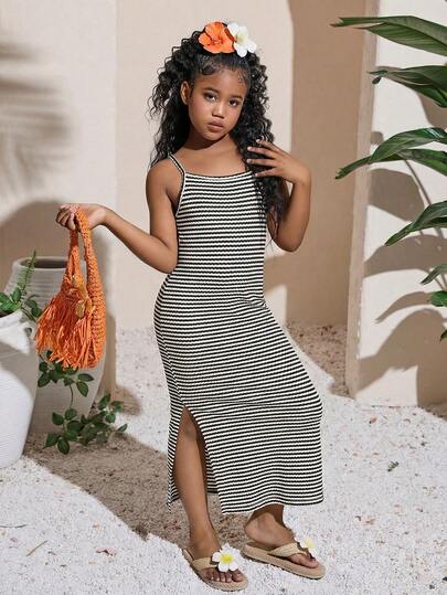 SHEIN 大码女童撞色条纹吊带连衣裙
