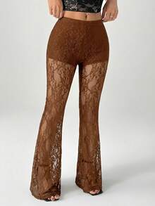 SHEIN PETITE Women's High Waist Flare Lace Knit Vacation Pants - Brown - View 6