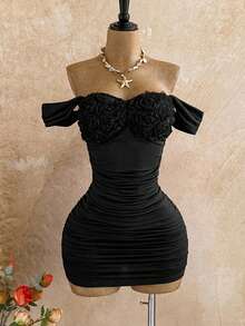 Soleia Đầm mini ôm sát gợi cảm, thanh lịch, hở vai, họa tiết hoa dành cho nữ. - màu đen - Xem 4