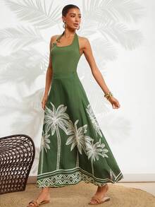 Gownix Women Multicolor Boho Flared Maxi Skirt With Palm Tree Print And Pocket Detail In Woven Fabric - Multicolor - View 6