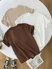 SHEIN 3pcs Tween Boys' Half-Sleeve Textured Wood Button Decor T-Shirts,Brown,Summer,Casual,School,White,Outdoor,Sports,All-Match Versatile - Brown - View 2