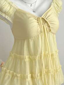 Elamini 女士黄色纹理面料衬衫，前片镂空褶裥，层叠下摆，浪漫休闲风 - 黃色 - 查看 5