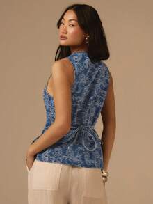 COSMINA 女士休闲提花无袖牛仔衬衫，夏季 - 藍色 - 查看 2