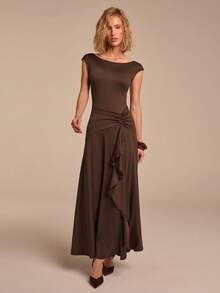 COSMINA Women's Sleeveless Ruched Ruffle Hem Dress, Backless Casual Elegant Dress,Summer Dresses For Women - Brown - View 4