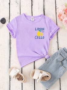 SHEIN Young Girl Letter & Lemon Print Round Neck Short Sleeve Casual T-Shirt - White - View 5
